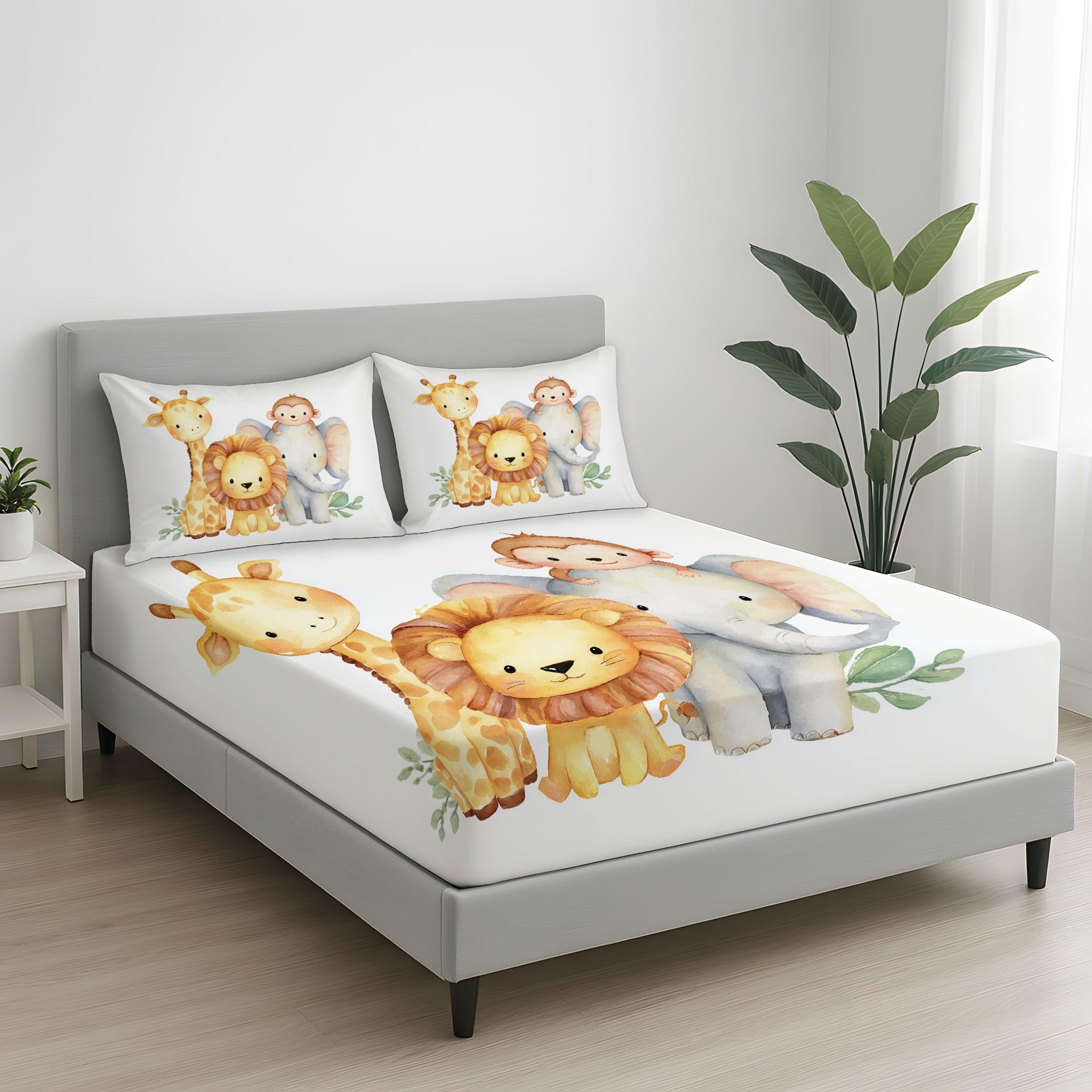 Lion, Girafe, Singe Parure de lit 90 x 200 CM - Drap-Housse Doux, Aquarelle Chambre de bébé, nurserie Housse de lit avec Poches Profondes 30 cm