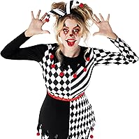 Vista 4 de Morph Disfraz de bufón para mujer, disfraz de payaso espeluznante, disfraz de bufón aterrador, disfraz de Halloween para mujer, divertido atuendo