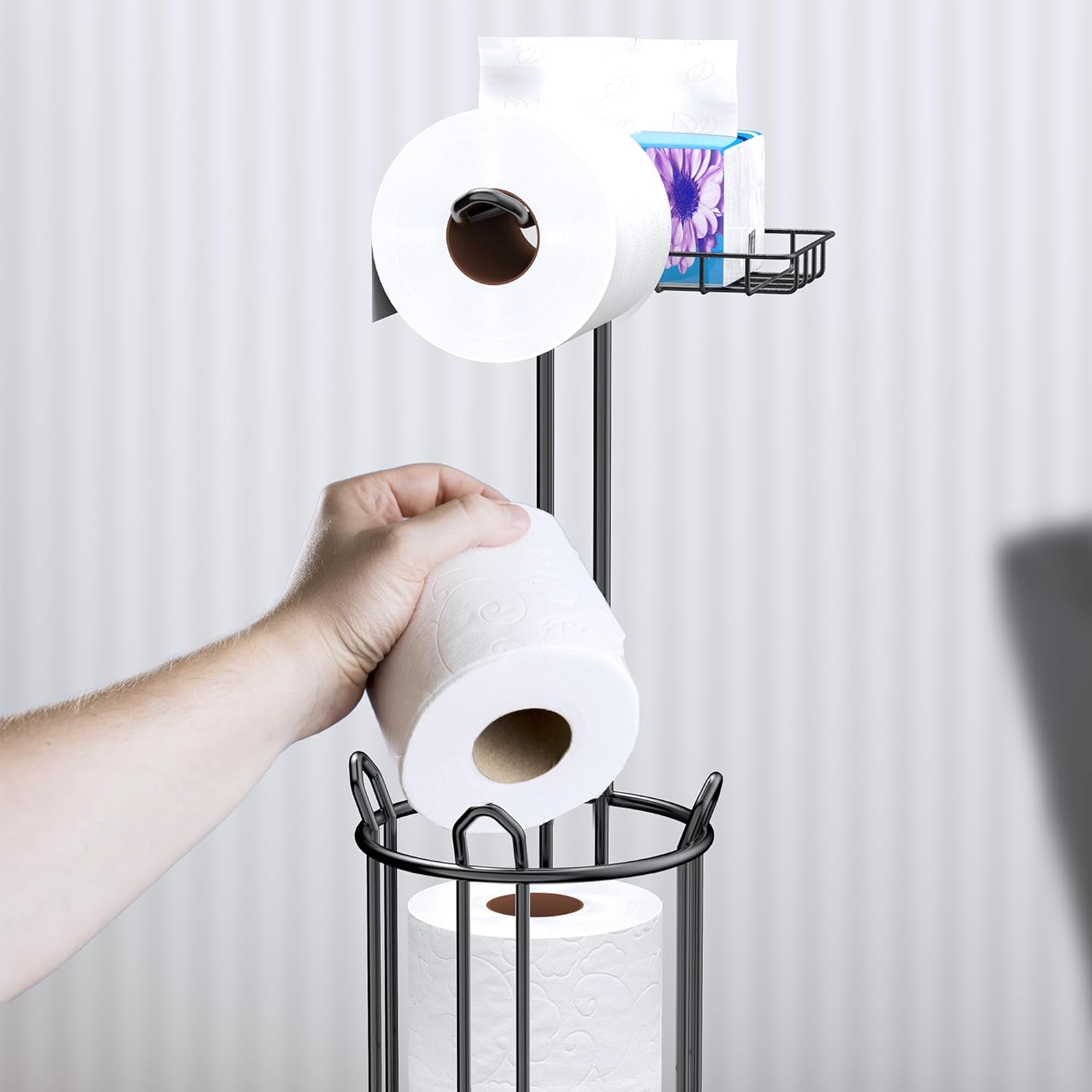 Meangood Freestanding Toilet Paper Holder Stand and Tissue Paper Roll Dispenser, Bathromm Storage Organization-Holds 4 Rolls -Metal Wire (Black, w/Shelf)