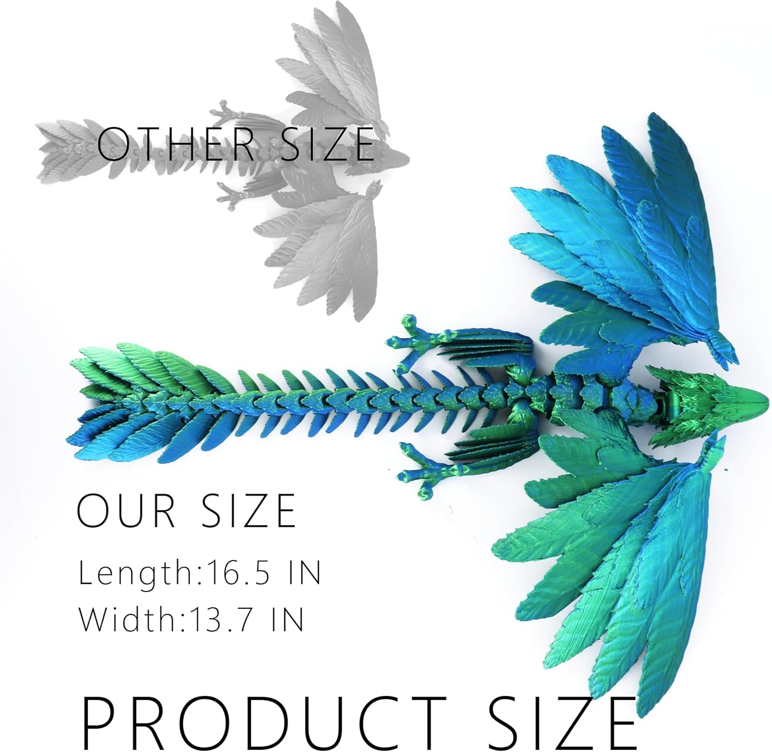ACOCOFE 3D Printed Dragon Feathered Wyvern Toy, 16 inch Large Fidget Articulated Dragon with Wings, Large Desktop Pet 3D Printed Toy (Laser Green)