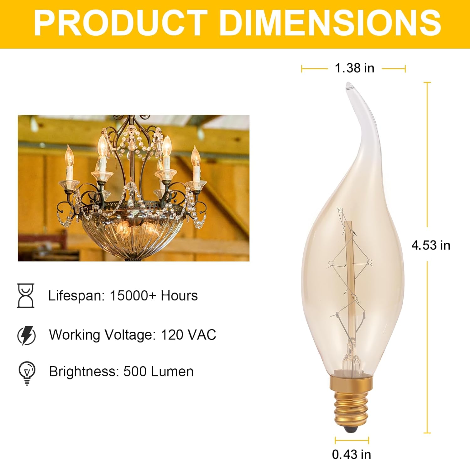 SCOMX E12 Edison Vintage Equivalent Energy Incandescent Chandelier 40W 110-130V, 280 Lumen Bent Flame Tip Bulb with Candelabra Base Home Light Fixtures Decorative, Dimmable 8-Pack