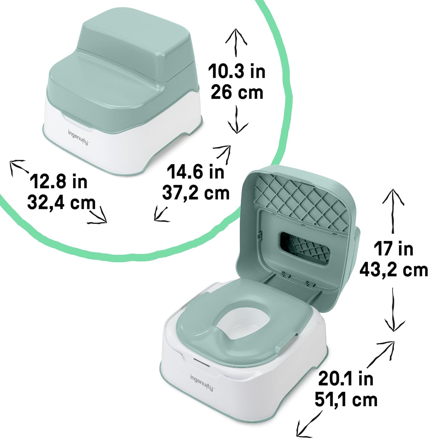 Diagram showing the dimensions of the Ingenuity Prepare to Potty 3-in-1 System in both potty and step stool configurations.