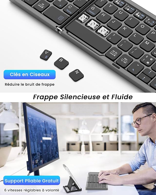 MoKo Összecsukható Bluetooth Billentyűzet - Vezeték Nélküli Francia AZERTY Érintőpaddal és Numerikus Billentyűzettel, 3 Eszközhöz, Újratölth