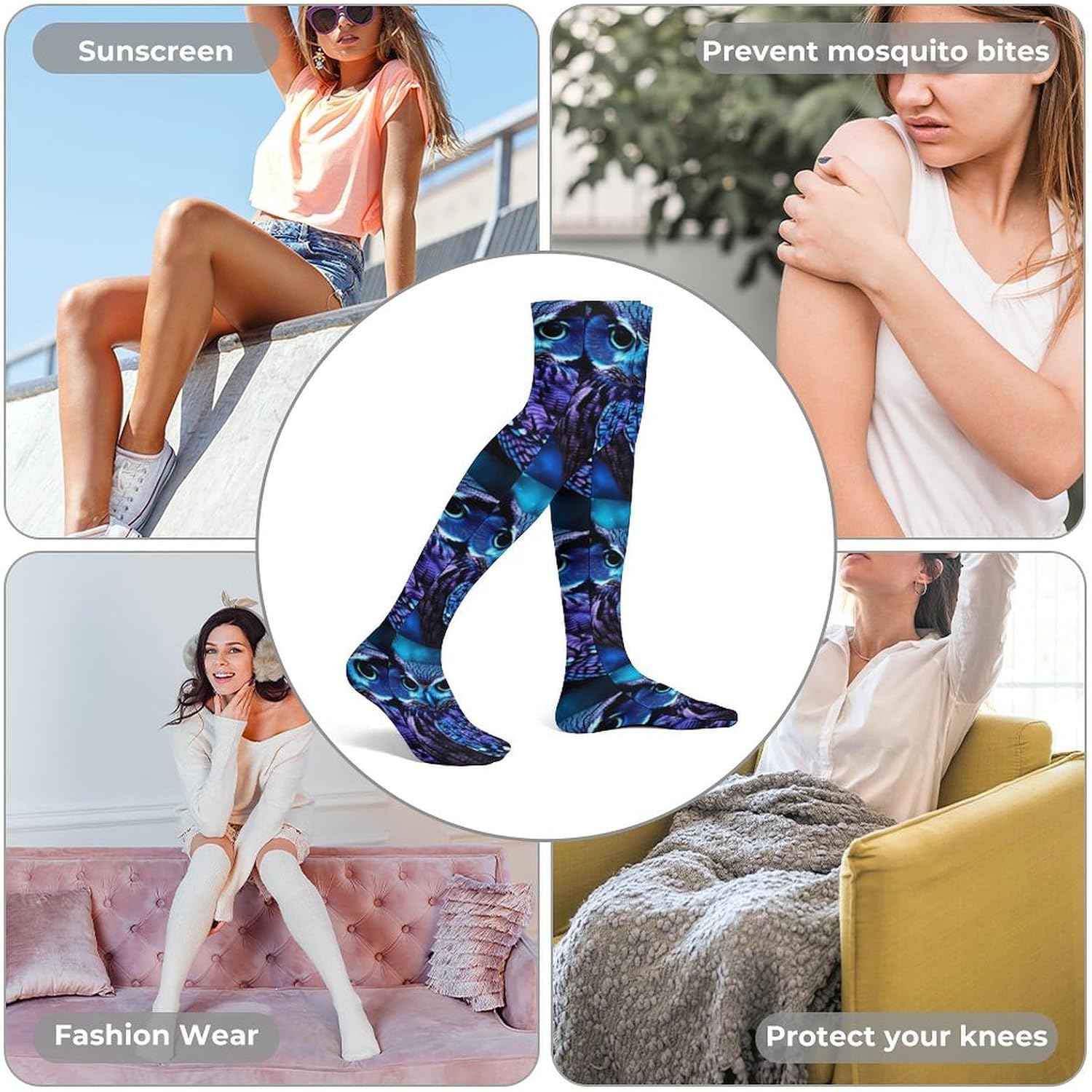Blue Owl Knee High Stockings for Women 23.6" Breathable Thigh High Stockings Over The Knee Socks