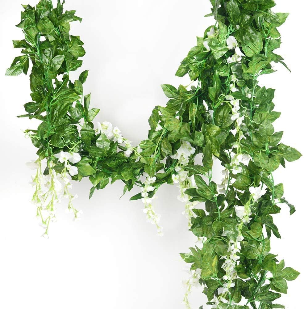 5 Strands 32.8 ft Artificial Silk Wisteria Vine Ratta Ivy Garland Wisteria Artificial Flowers Hanging Plants Vines Faux Greenery Fake Green Leaf Garland for Wedding Kitchen Home Party Decor (White)