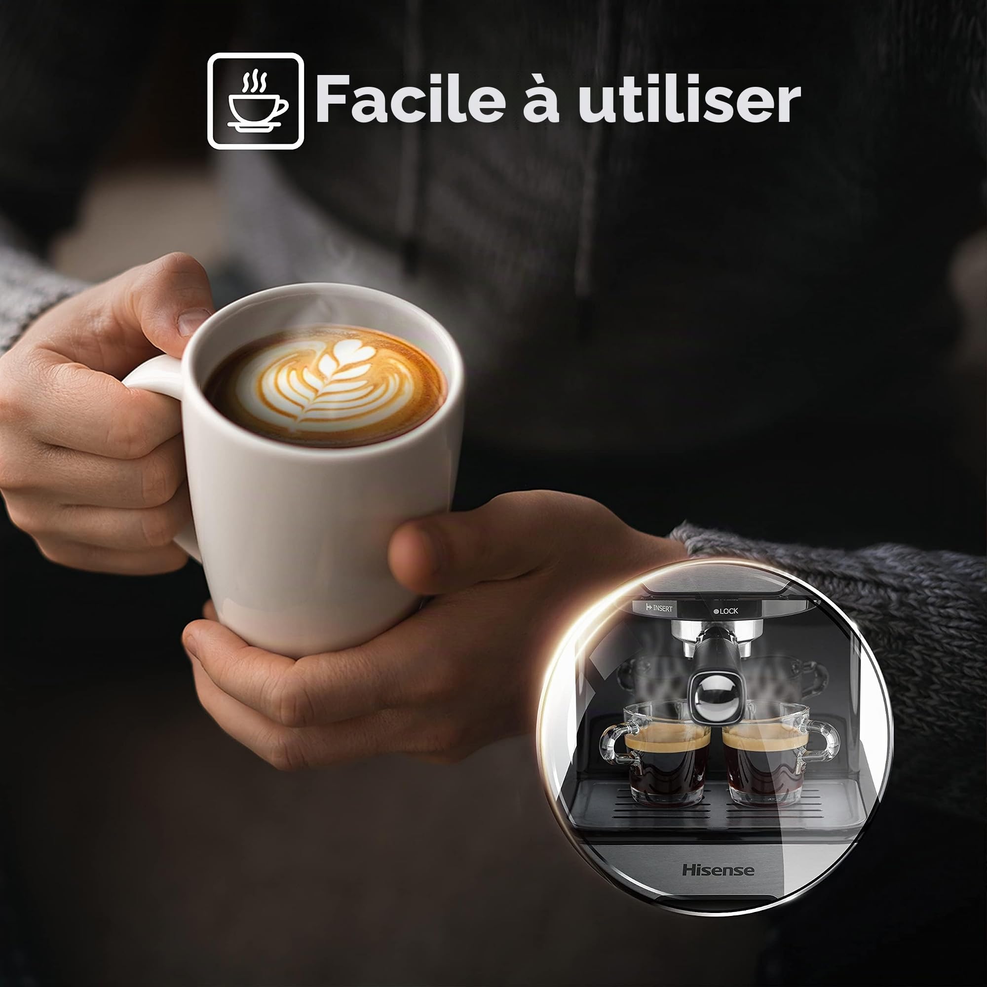 Hisense, HESCM15DBK, Machine à expresso manuelle, moulue et compatible avec dosettes ESE 44 mm, Mousseur à lait automatique et manuel, pression 15 bar, écran tactile, 1100W, Silver, 27,4 x 30 x 27,2