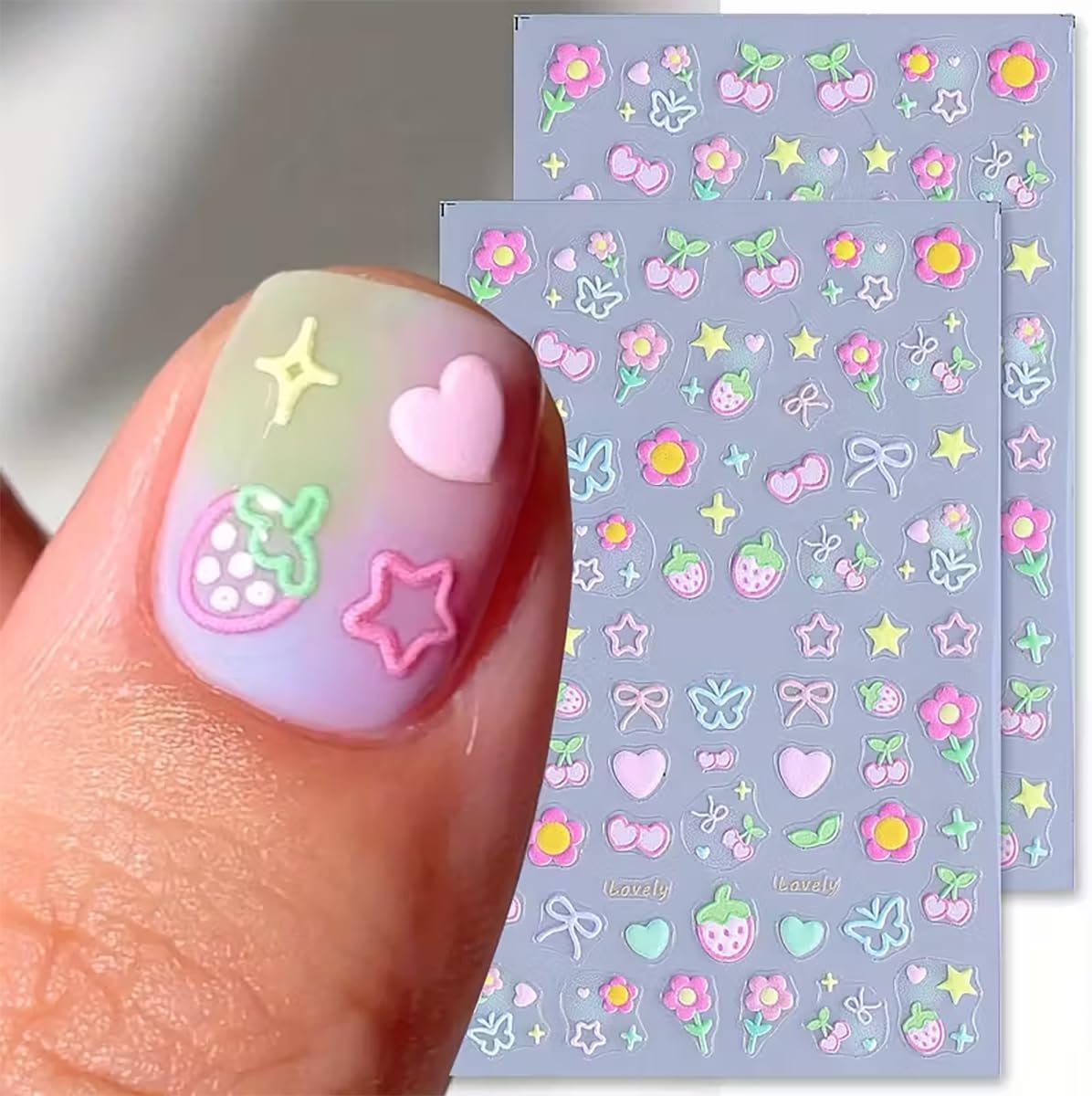 3Sheets Nail Stickers for Nail Art 5D Flower Butterfly Strawberry Bow Star Heart Nail Decals Self-Adhesive Embossed Colorful Cartoon Nail Art Supplies Cute Nail Art Stickers for Girls Nail Decorations