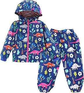 BGUK Baby,Clothing Kids Raincoat, Boys Girls Waterproof Hooded Jacket, Baby Rainwear Windbreaker Rainproof Child Raincoat Trousers Suit Toddler Lovely Flowers Dinosaur Rain Suit Coat & Pants, 9 Months-6 years