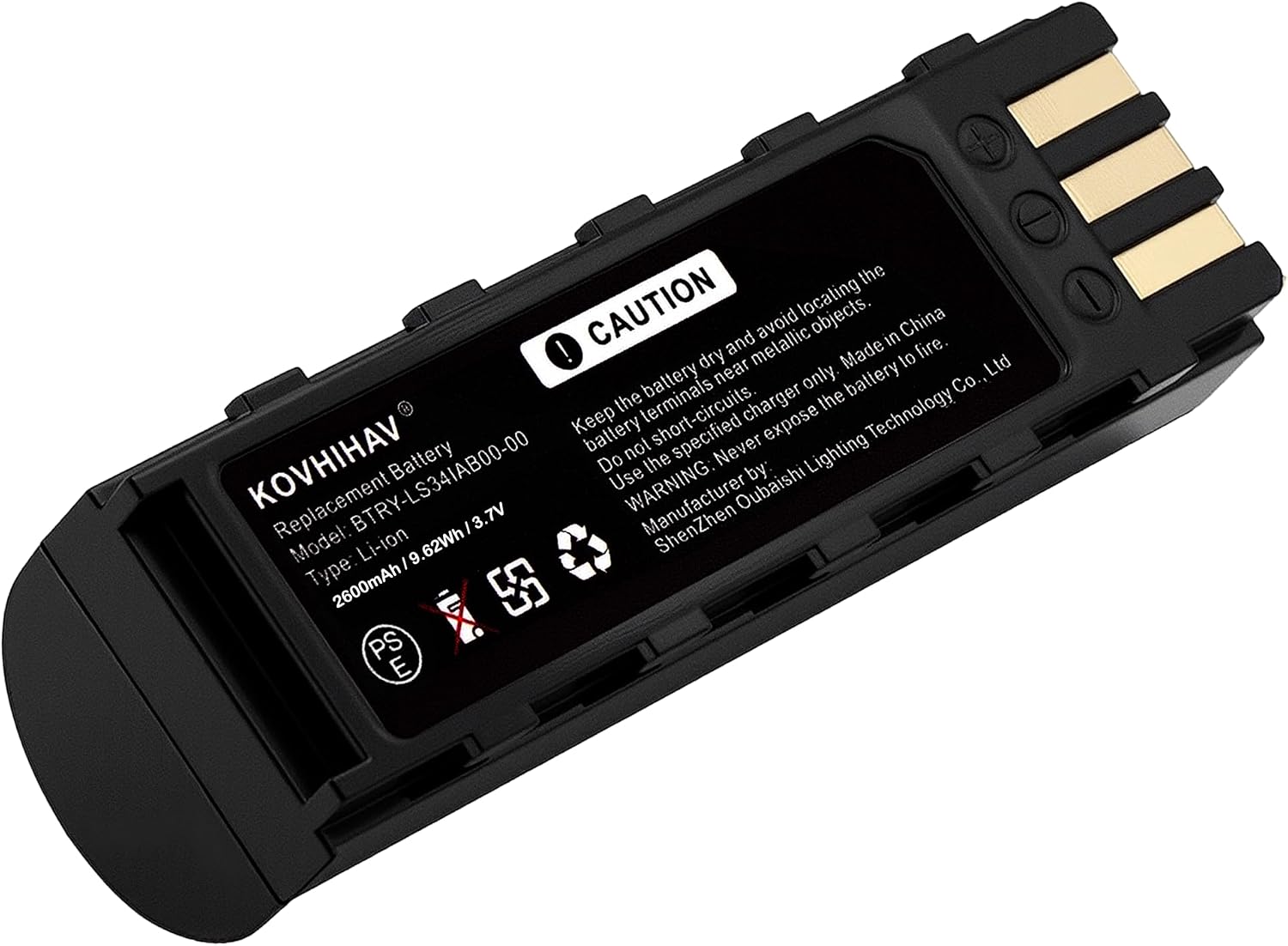 Close-up view of the replacement battery, showing its contacts and label with model information