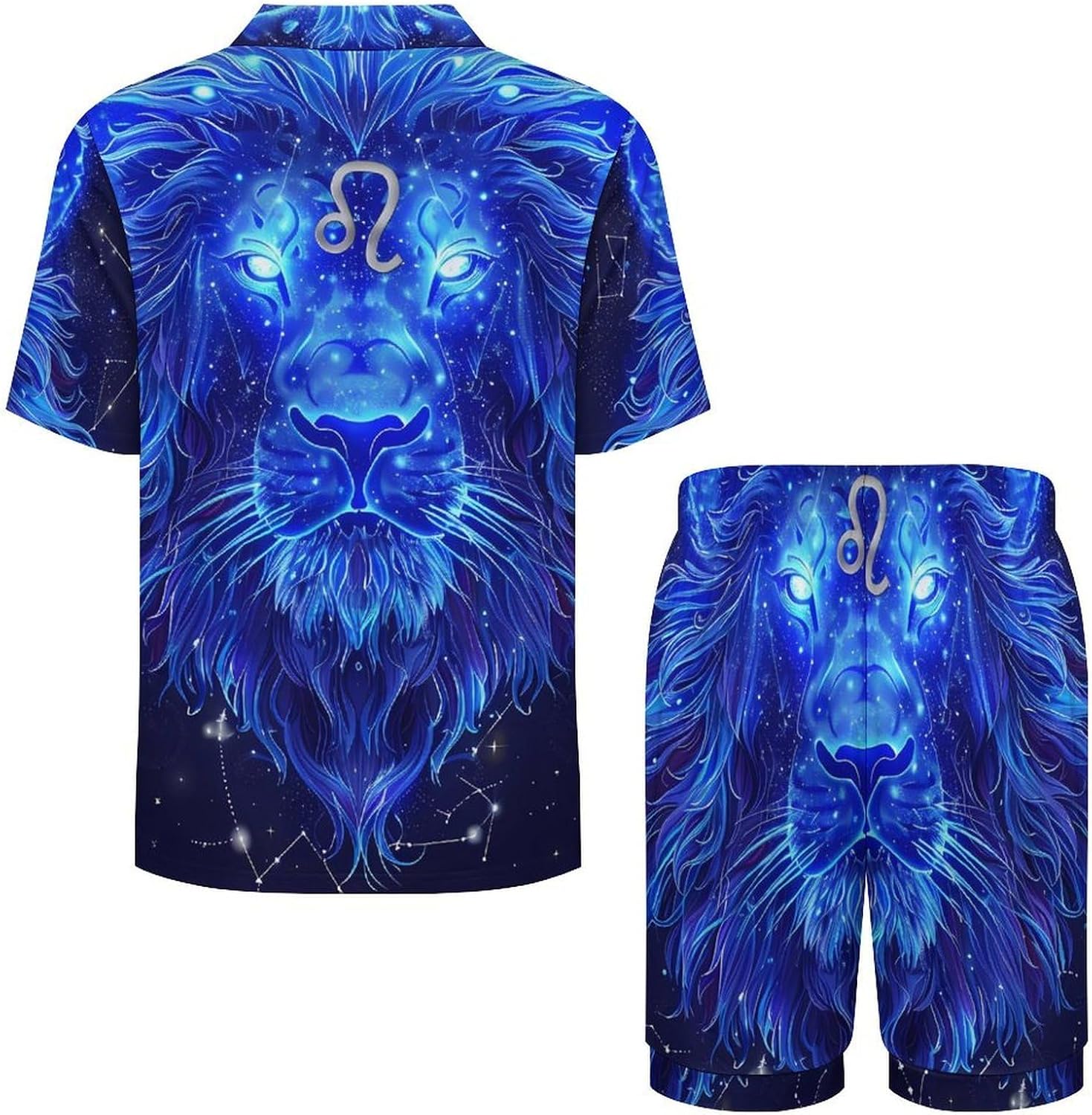 Leo Constellation Blue Lion Men's Short Sleeve Pajama Set Satin Silk Like Lounge Sleepwear