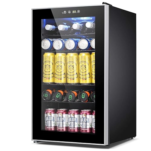 COWSAR Mini refrigerador para 95 latas con puerta de vidrio, refrigerador de vino aprobado por ETL con control digital de temperatura, luz LED para