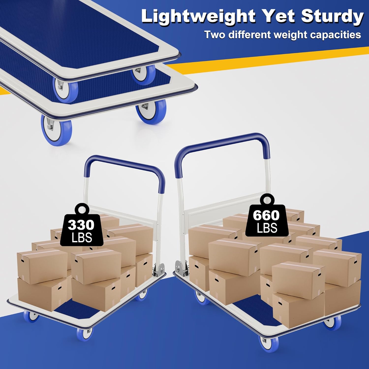 Foldable Push Cart Dolly | 330 lbs. Capacity | Heavy Duty Moving Platform Hand Truck with Swivel Wheels | Small Flatbed Cart | Space Saving Push Handle-b3