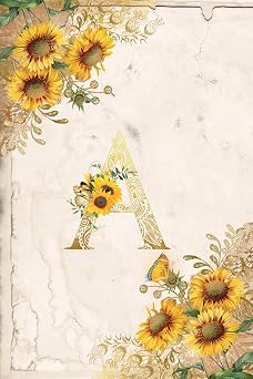 Vintage Sunflower Notebook Sunflower Journal, Monogram Letter A Blank Lined and Dot Grid Paper with Interior Pages Decorated With More SunflowersSmall