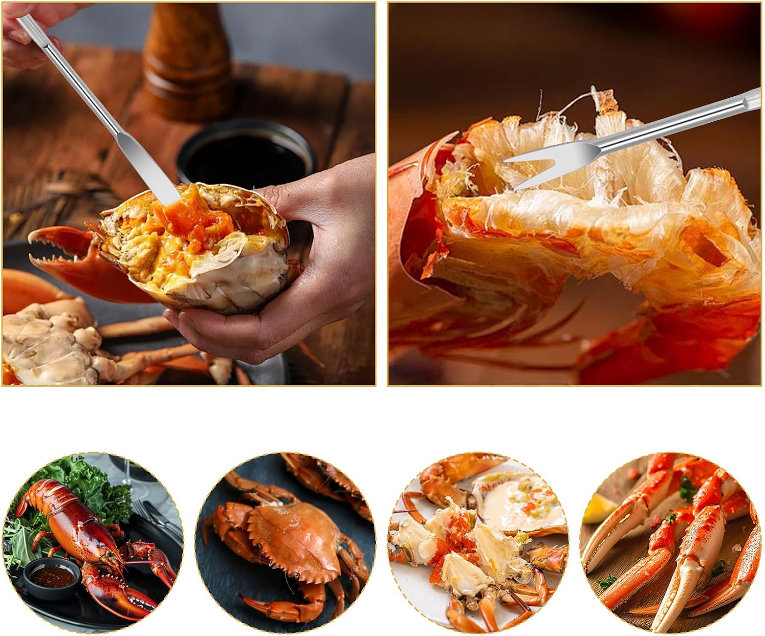 Stainless Steel Seafood Tools - 8 Piece Set, Lobster & Crab Picks, Oyster & Escargot Forks, Silver Crab Picking Tools for Kitchen & Picnic