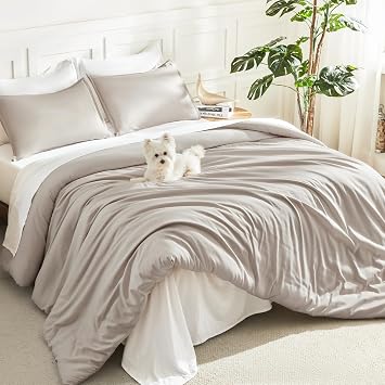 Litanika Queen Comforter Set, 3 Pieces Lightweight Solid Bed Set | Deep Linen Grey Soft Fluffy Down Alternative All Season Quilt Blanket