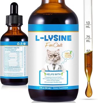 L-Lysine for Cats 60mL   Supports Immune Health, Improves Respiratory Function, Helps with Sneezing, Runny Nose & Eye Health   All-Natural Feline Drops with Roast Chicken Flavor