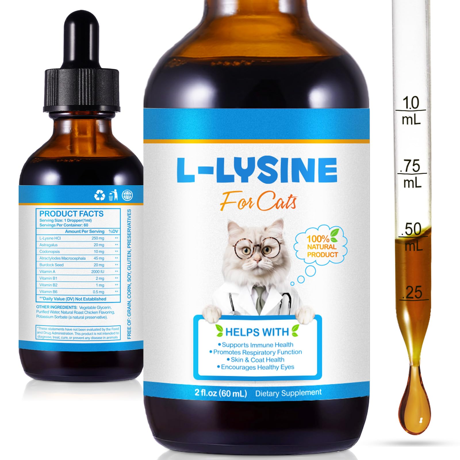 L-Lysine for Cats 60mL – Supports Immune Health, Improves Respiratory Function, Helps with Sneezing, Runny Nose & Eye Health – All-Natural Feline Drops with Roast Chicken Flavor