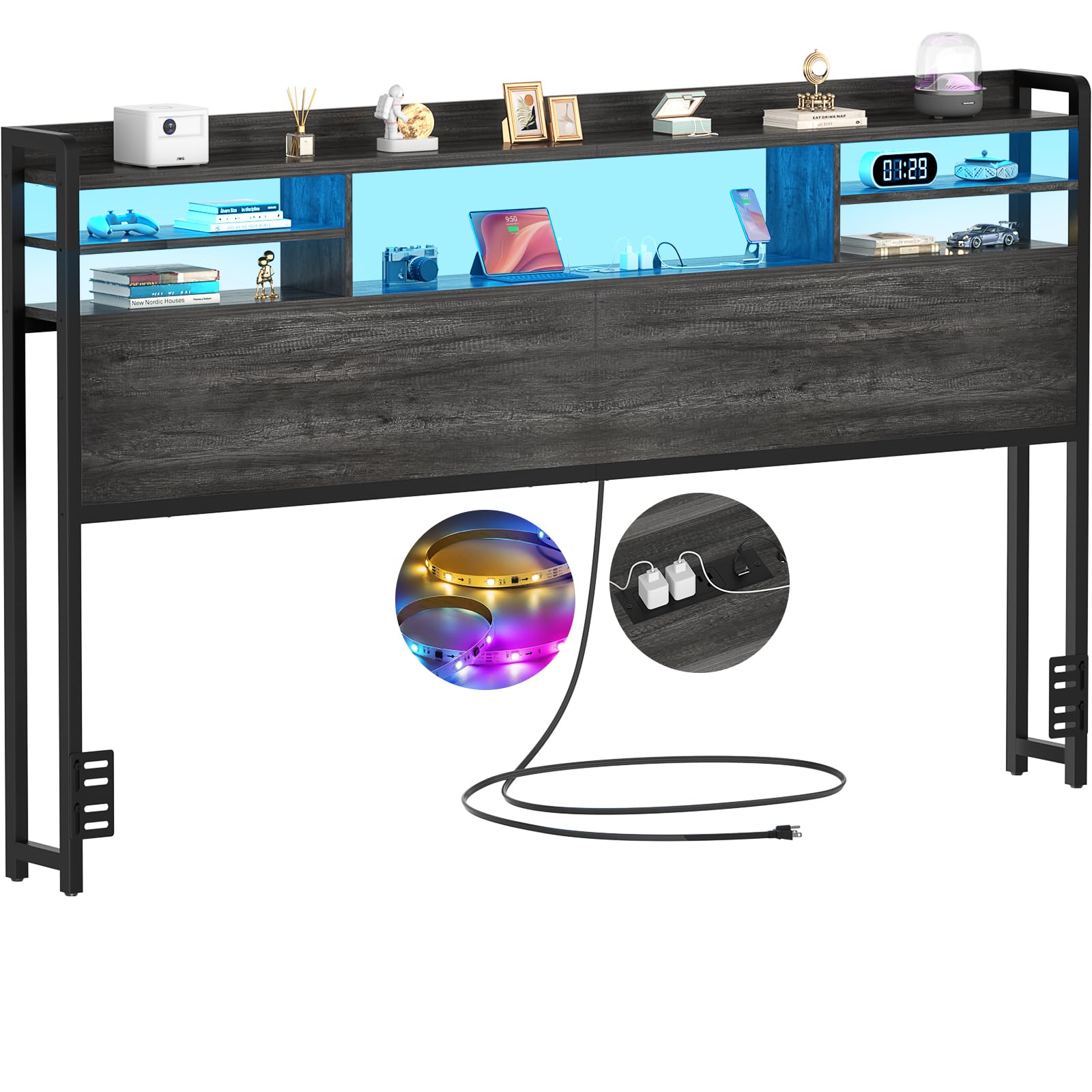 Aheaplus Headboard for King Size Bed with Storage, Headboards with LED Light, Power Outlets, USB Ports King Size Head Board, Wood headboard Only