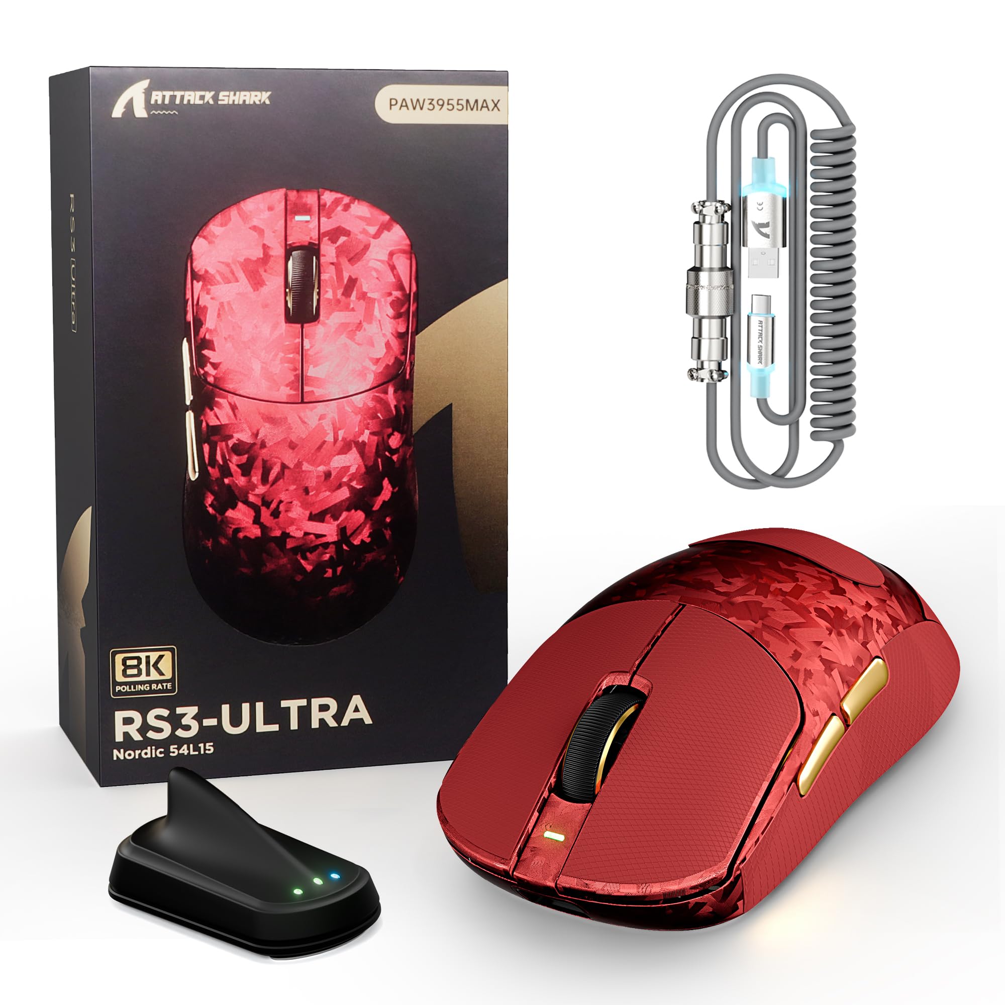 ATTACK SHARK RS3 Ultra Mouse Gaming Fibra Carbonio &Cavo C06Ultra-Rosso B | Doppio Tasso di Polling 8000 Hz, Sensore PAW3955MAX, MCU Nordic 54L15, Fino A 52.000 DPI, 20.000 FPS, Ultraleggera 63g