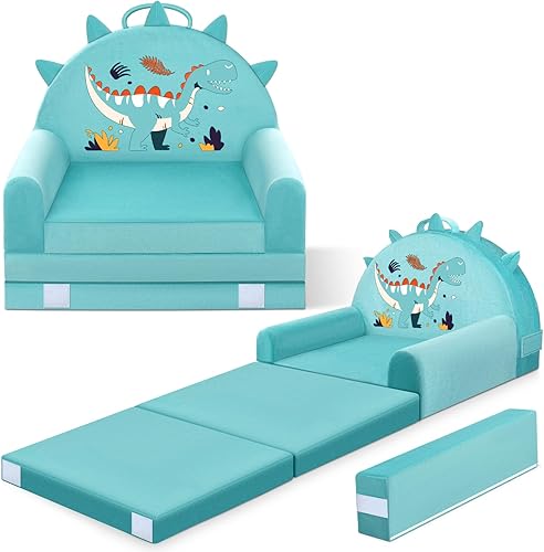 Sofá cama de dinosaurio para niños con funda extraíble lavable y respaldo de cinta mágica - Silla plegable para niños pequeños, cómodos muebles de