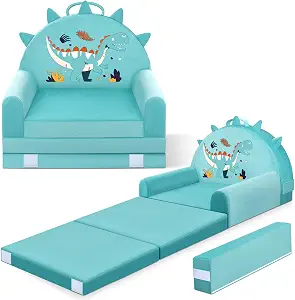 Dinosaur Kids Sofa Bed with Removable Washable Cover & Magic-Tape Backrest – Foldable Toddler Chair, Cozy Crystal Velvet Furniture for Playtime, Naps & Travel (Soft Green, Dino Design)
