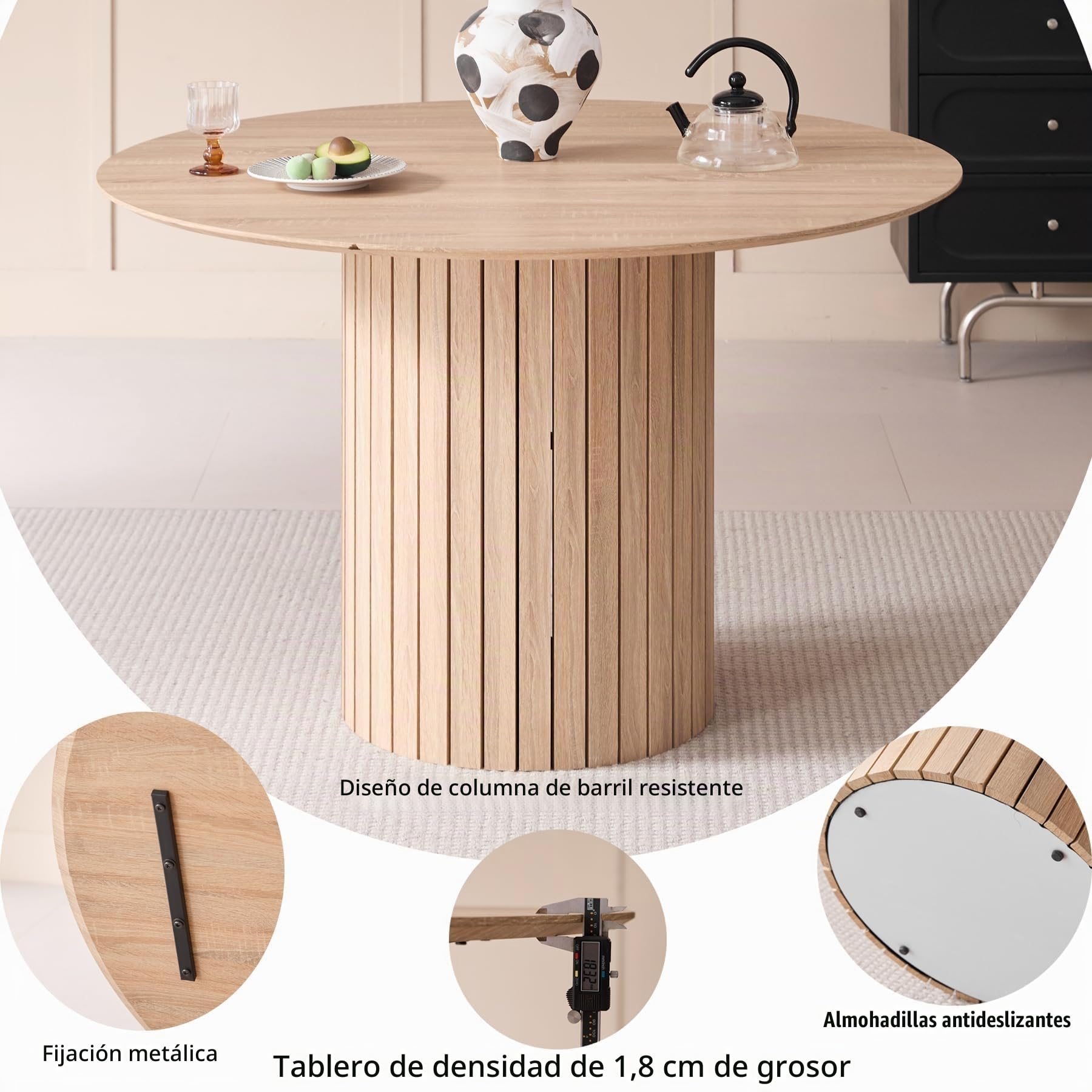 GrandCA HOME Conjunto de Mesa y Sillas de Comedor, Mesa de Comedor Redonda de Madera de 120 cm + 4 Sillas, para 4-6 Personas, en Marrón Claro y Gris
