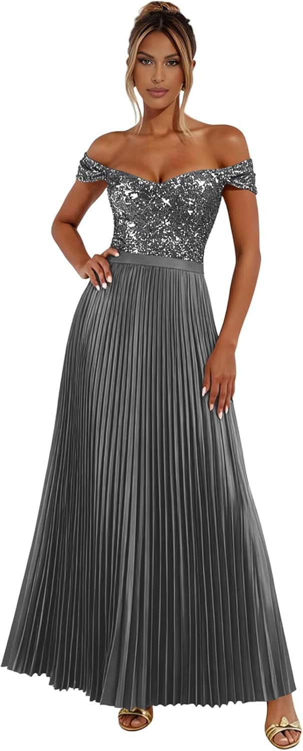 Fashionbride Off Shoulder Sequin Prom Dresses for Women Pleated Satin Formal Dress A Line Evening Gown with Slit AP135
