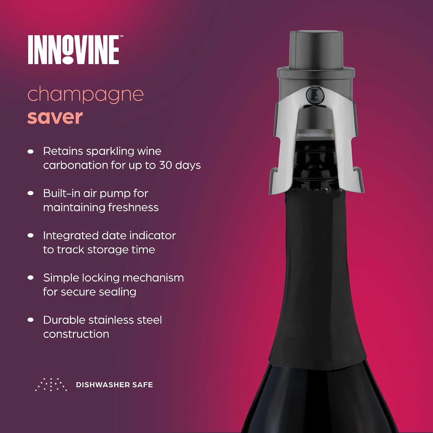 Innovine Champagne & Sparkling Wine Saver with Pressure-Sealing System and Date Tracker, Stainless Steel Construction, Easy to Use, Perfect for Home Bar, Restaurant, Picnic, Outdoor Party, Set of 1