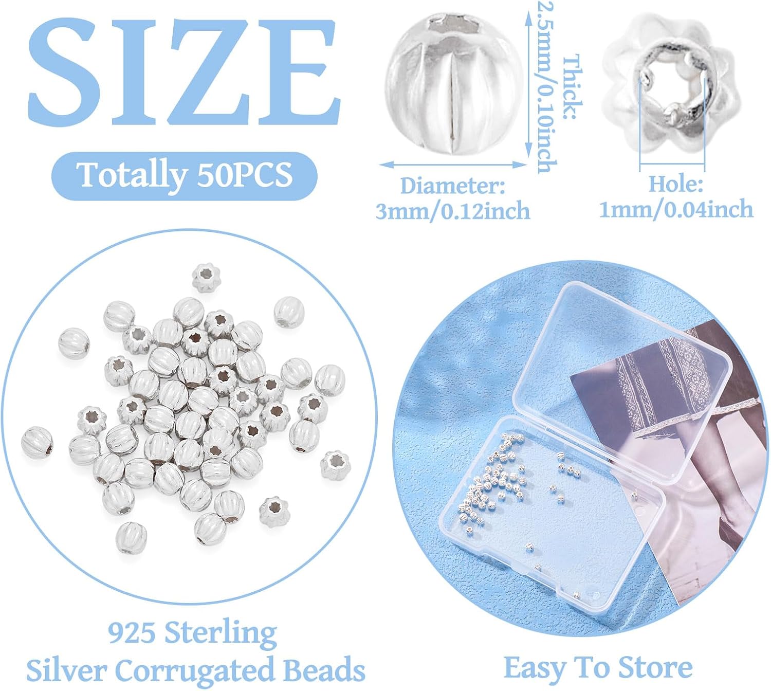 FASHEWELRY 50Pcs 925 Sterling Silver Spacer Beads 3mm Faceted Round Silver Loose Beads Metal Silver Beads for DIY Crafts Jewelry Making (0.1 inch Thickness)