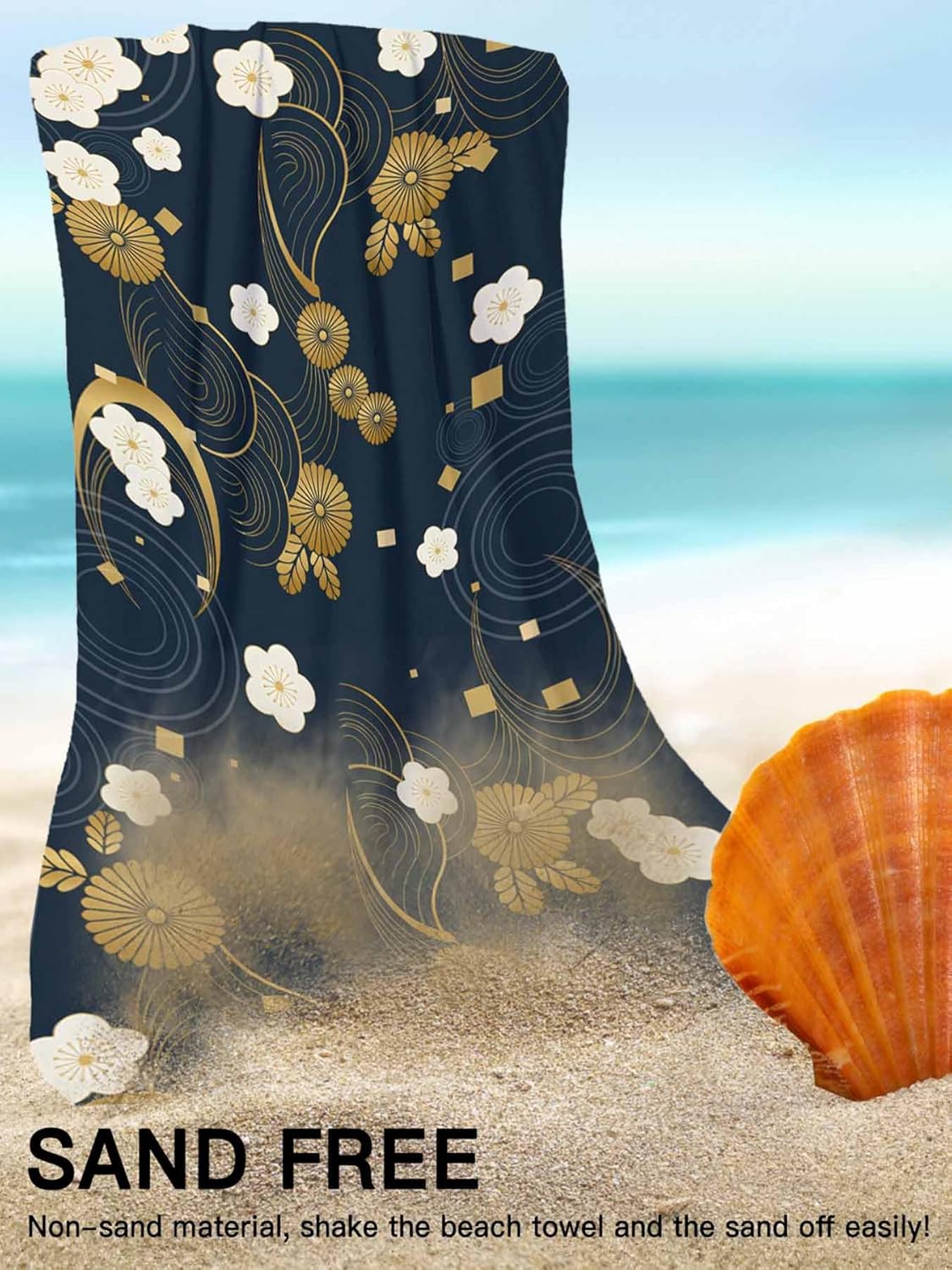 Floral Wave Square Japanese Pattern Beach Towels - 30" x 60", Printed in USA Bath Pool Swim Towel, Absorbent, Light Weight, Soft Quick Dry Microfiber Towels for Beach Travel