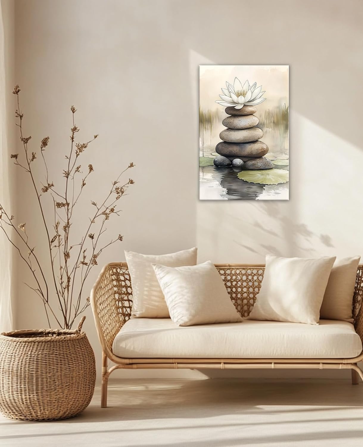 GLOKAKA Lotus Floral Zen Stones Wall Art Spa Inspired Decor for Living Room Minimalist Home Decor(Zen-3,12"x18")