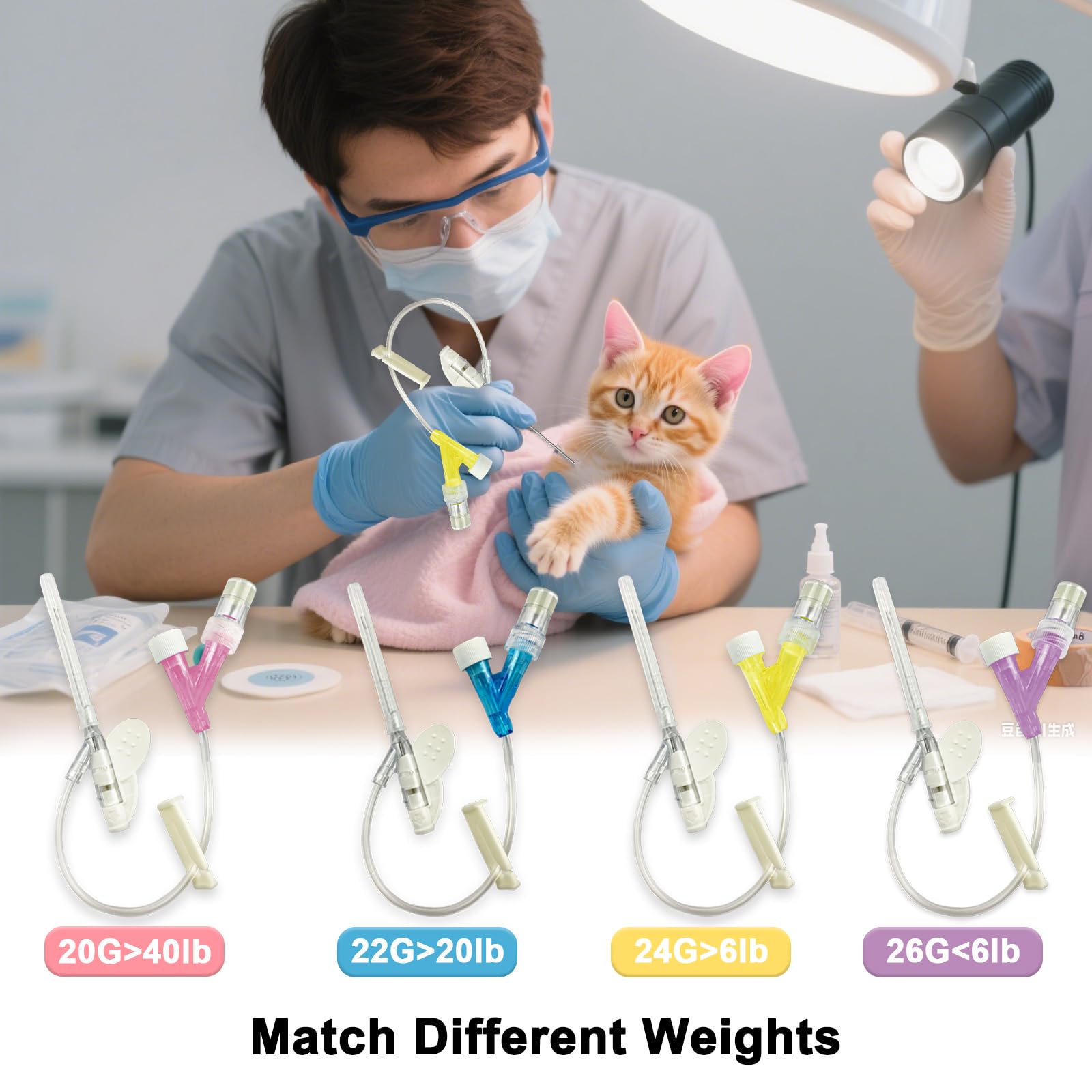 100 unidades de agujas veterinarias permanentes con tubo de extensión y pinza, catéter intravenoso veterinario, catéteres intravenosos veterinarios desechables, para animales de todos los tamaños.