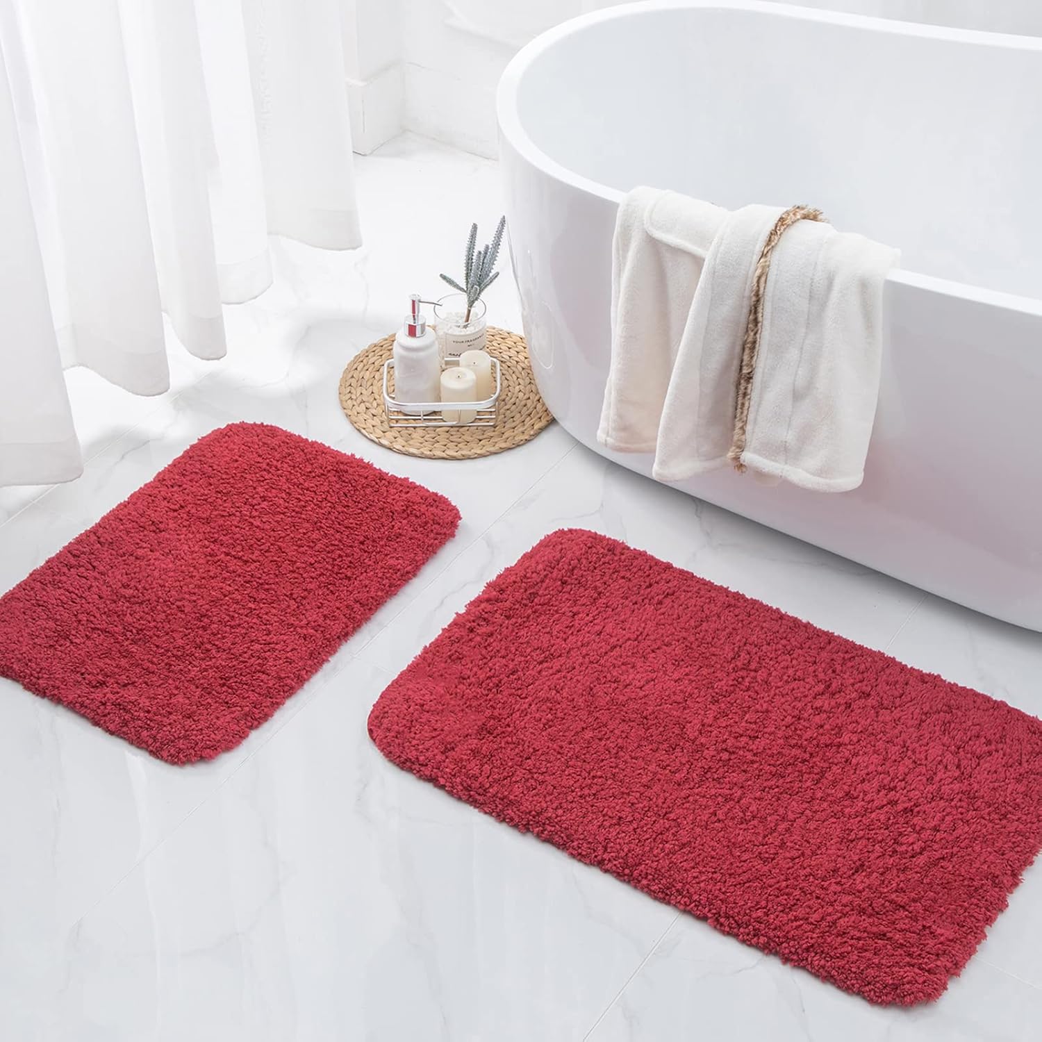 Ashler Bathroom Rugs Set of 2, Red Bath Rugs 2 Piece, Water
