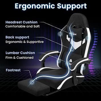 N-GEN GAMING Video Gaming Chair Office Computer Desk Use Ergonomic Reclining Backrest Adjustable Armrests Lumbar Support Footrest High Density Foam Breathable Fabric Heavy Duty Base (Black)