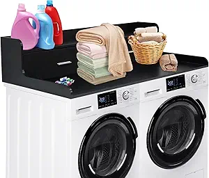 GarveeHome 2-Tier Washer Dryer Countertop with 2 Drawers, Wood Laundry Countertop with 2.75" H Edge Rails, Waterproof Washer Dryer Cover with Anti-Slip Pads for Laundry Room Organization and Storage