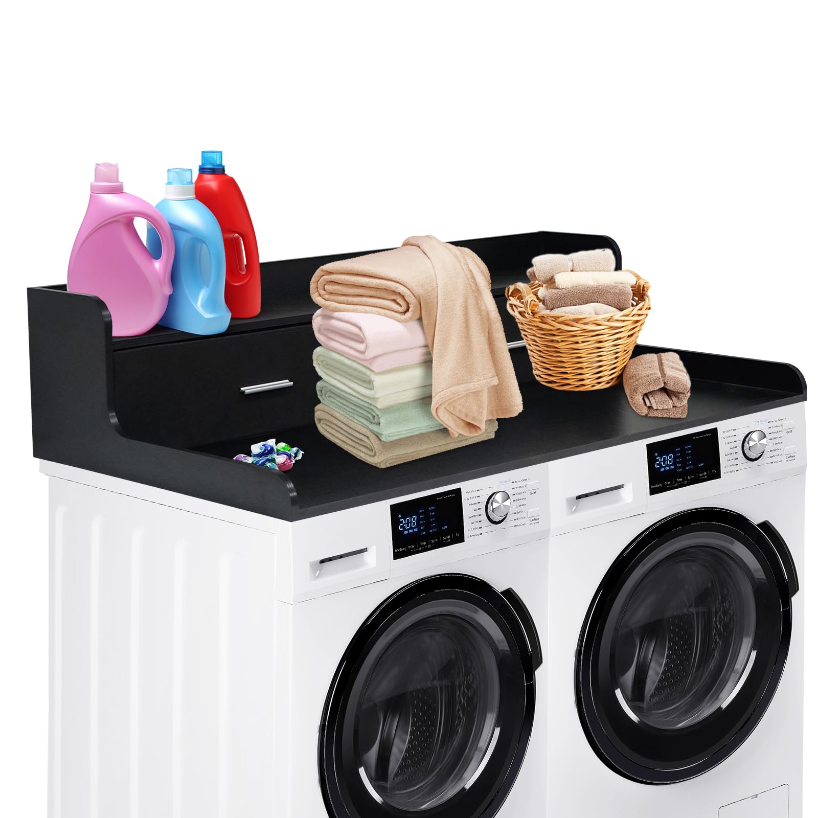 IDEALHOUSE 2-stufige Waschmaschinen-/Trockner-Arbeitsplatte mit 2 Schubladen – wasserfeste Holzablage, 54" x 27,55" x 11,81", Kantenschutz, rutschfeste Pads – Wäsche-Faltstation & Stauraum