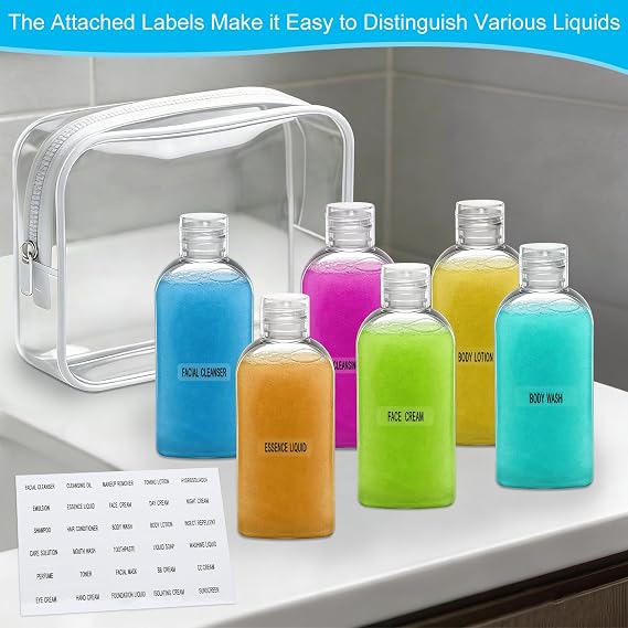 Travel Size Containers for Toiletries 12 Pack, TSA Approved Refillable Plastic Travel Bottles Set with Clear Makeup Bag, Leak Proof Toiletry Bottles for Shampoo Conditioner for Women Men Airplane
