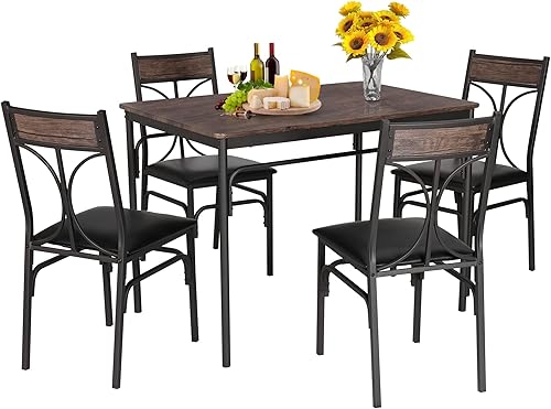 VECELO Juego de mesa de cocina de 5 piezas para comedor, comedor, rincón de desayuno, estilo industrial, asientos para cuatro, color marrón