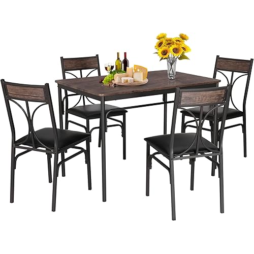 VECELO 5 Piece Kitchen Table Set for Dining Room,Dinette,Breakfast Nook,Industrial Style, Seating for Four, Brown