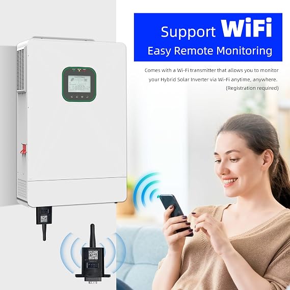 6500W All in One Solar Hybrid Inverter with WiFi, MAX .6 Parallel, Pure Sine Wave with CT Sensor, Built-in 2 MPPT Solar Charge Controller, 48V DC to 120V AC with CT Sensor for Home, RVs, Lead Acid/Li