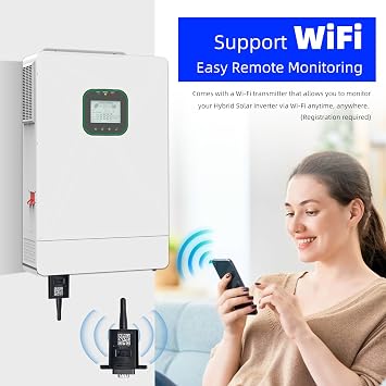6500W All in One Solar Hybrid Inverter with WiFi, MAX .6 Parallel, Pure Sine Wave with CT Sensor, Built-in 2 MPPT Solar Charge Controller, 48V DC to 120V AC with CT Sensor for Home, RVs, Lead Acid/Li