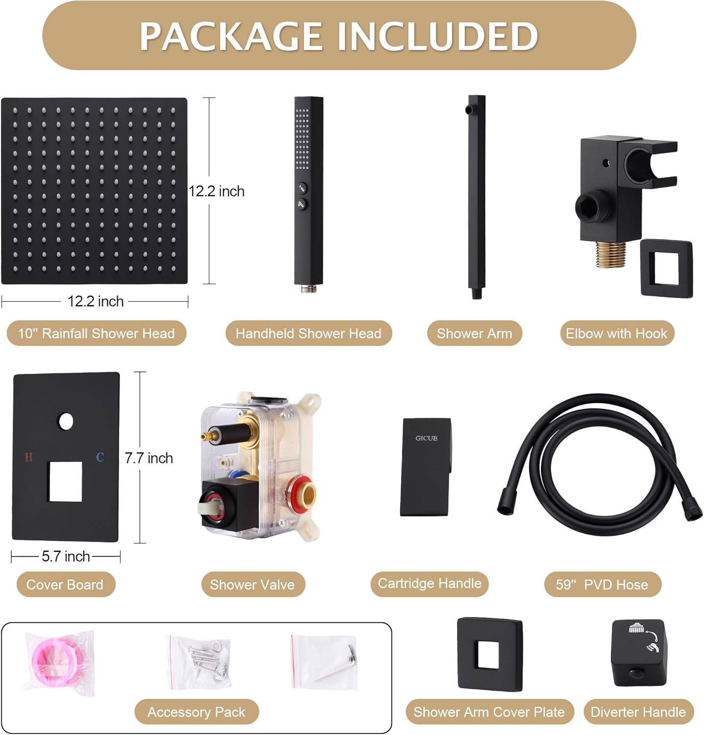 Rainfall Shower System Set, 12'' Matte Black Wall Mounted Square Shower Head with 2-Spray Handheld Sprayer, Anti-Chip Brass & 304 Stainless Steel Faucet Trim Kit (With Integrated Mixer Valve)