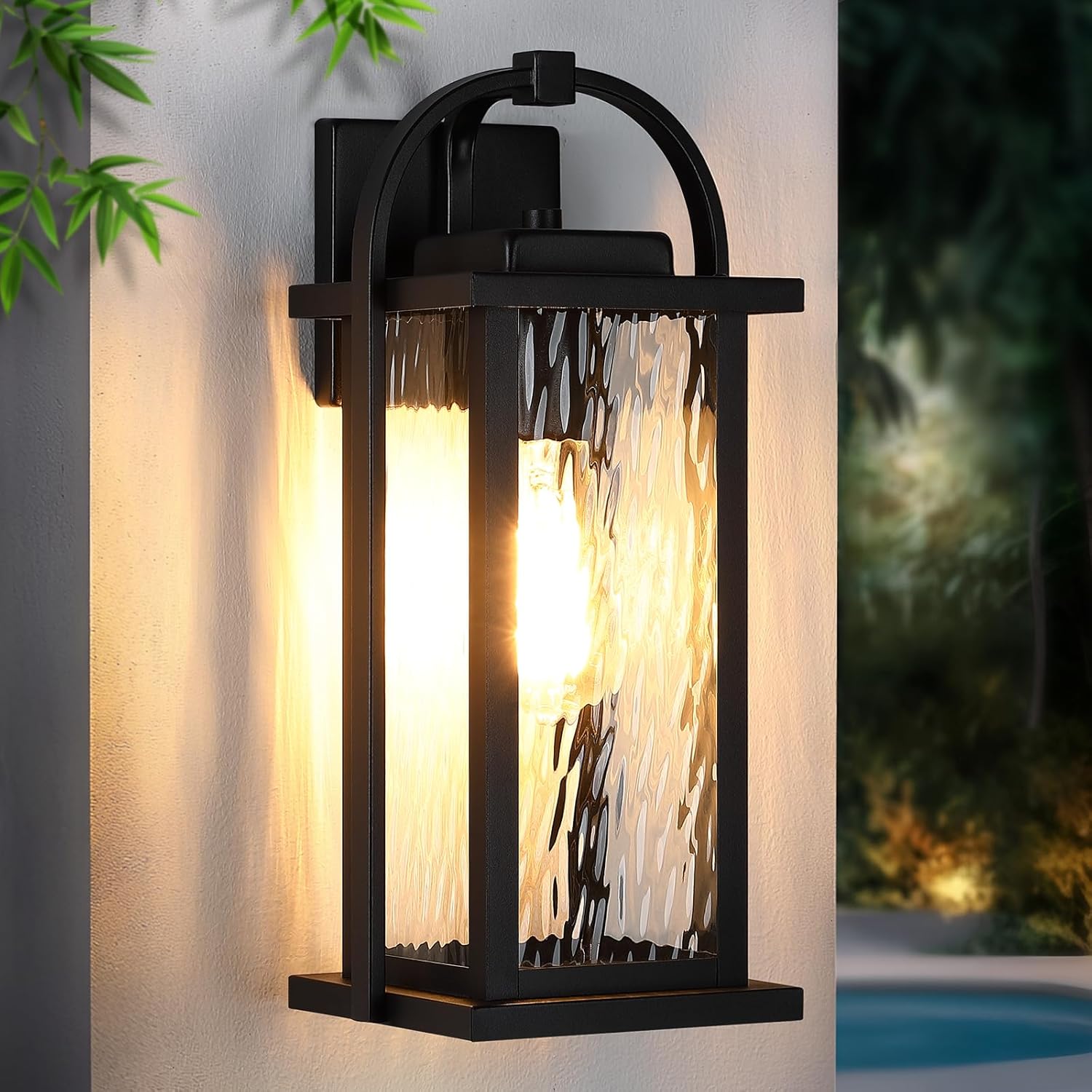 15" Outdoor Wall Light Fixtures, Exterior Matte Black Wall Sconce with Water Ripple Glass, Anti-Rust Waterproof Outdoor Porch Lights, Outdoor Lighting for Entryway, Patio, Garage, Doorway