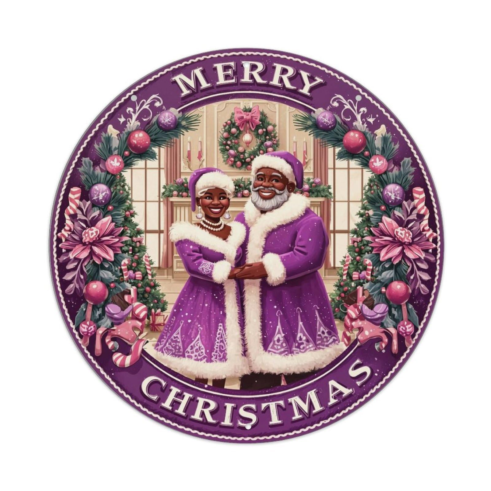 Merry Christmas Couple Holiday Scene Retro Metal Sign Round Tin Sign, Vintage Decor Art Poster for Bar, Home, Man Cave, Kitchen, Laundry Room Gift 8x8Inch