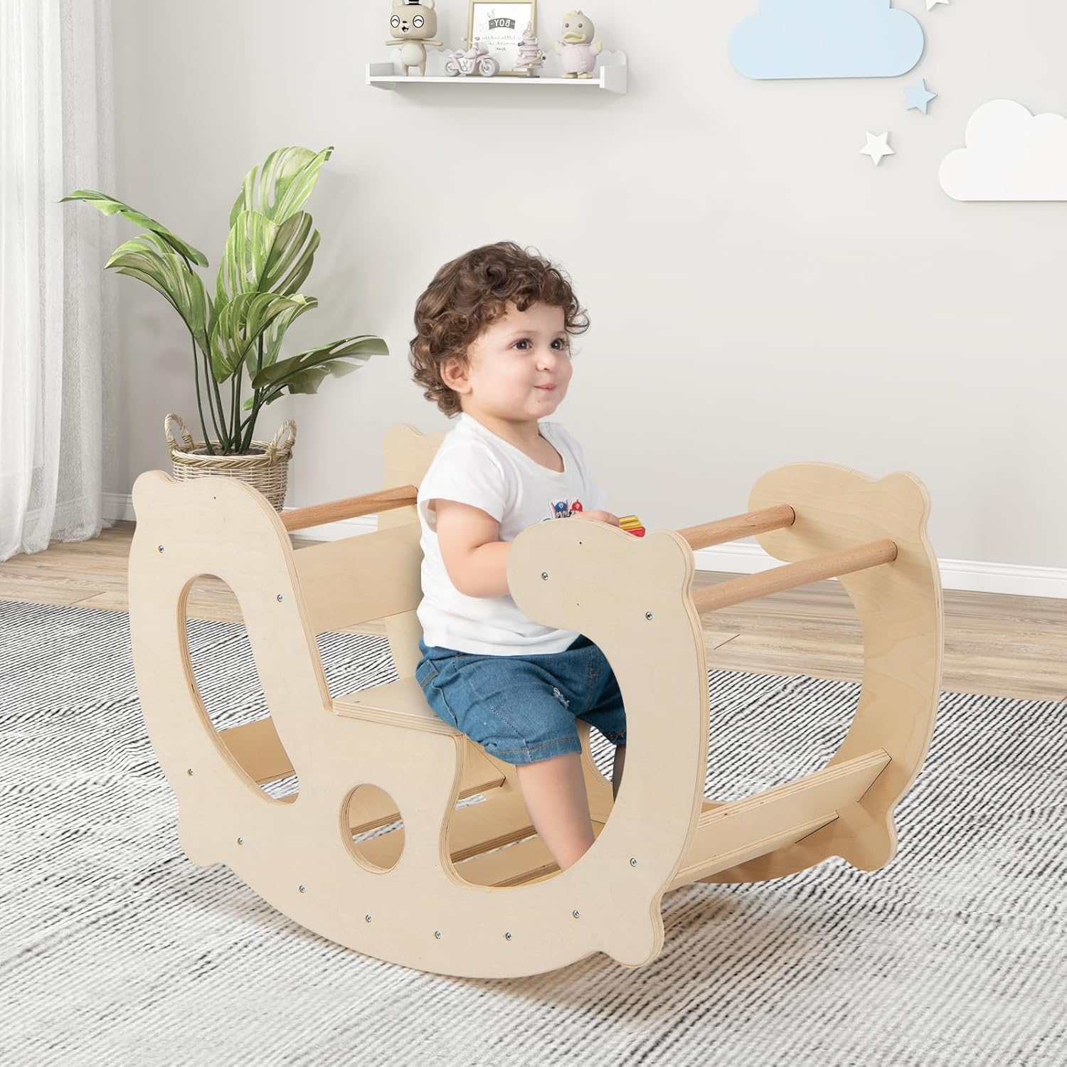 HONEY JOY Wooden Rocking Climbing Arch, Montessori Kids Arch Rocker Climber Ladder for Rocking Horse, Children Indoor Outdoor Gym Learning Playset, Playground Climbing Toys for Toddler Gift (Natural)