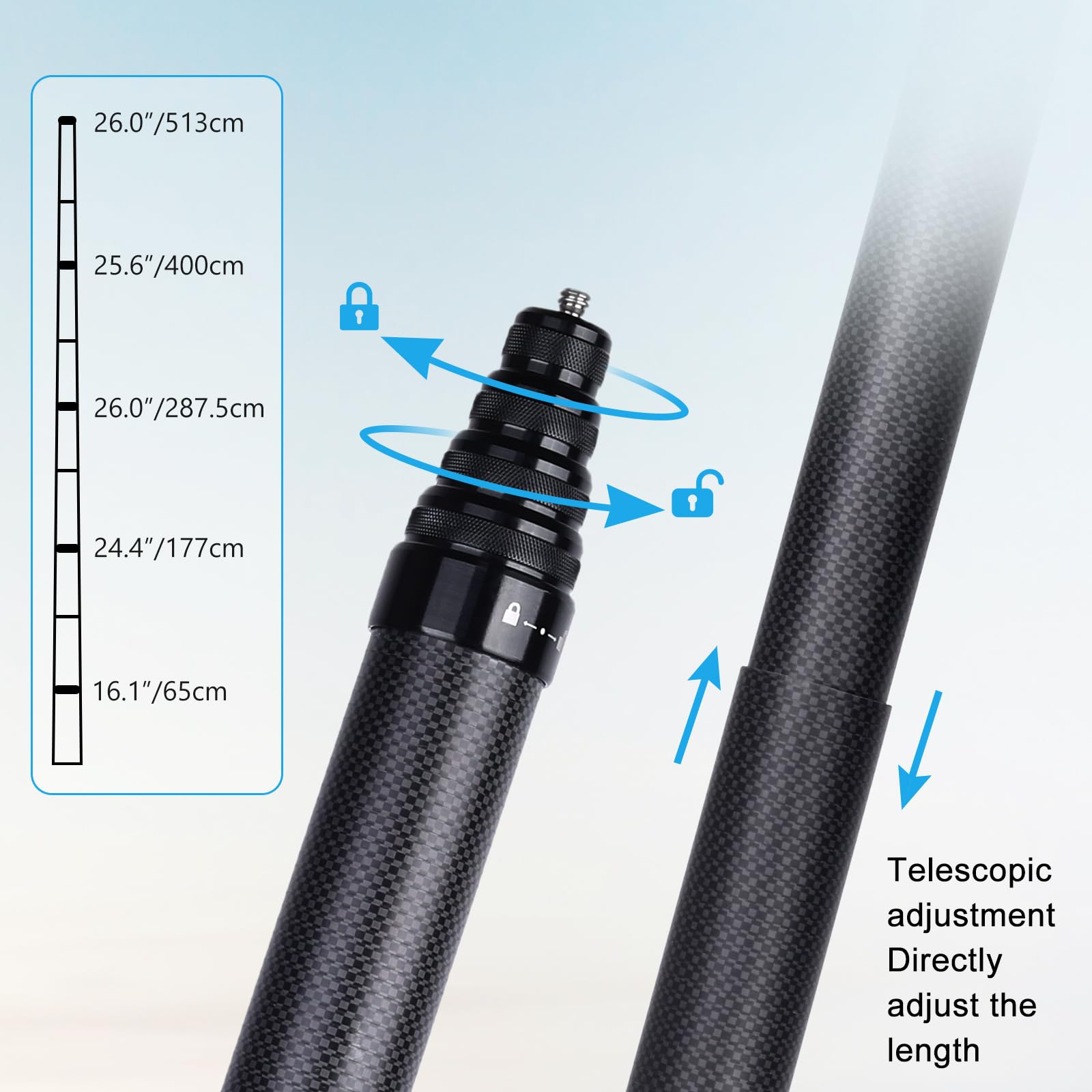 ARTCISE Bastone per selfie lungo in fibra di carbonio, 500 cm, asta di estensione per selfie monopiede per GoPro Hero per DJI Osmo Action per Osmo Pocket per Insta360 per fotocamera