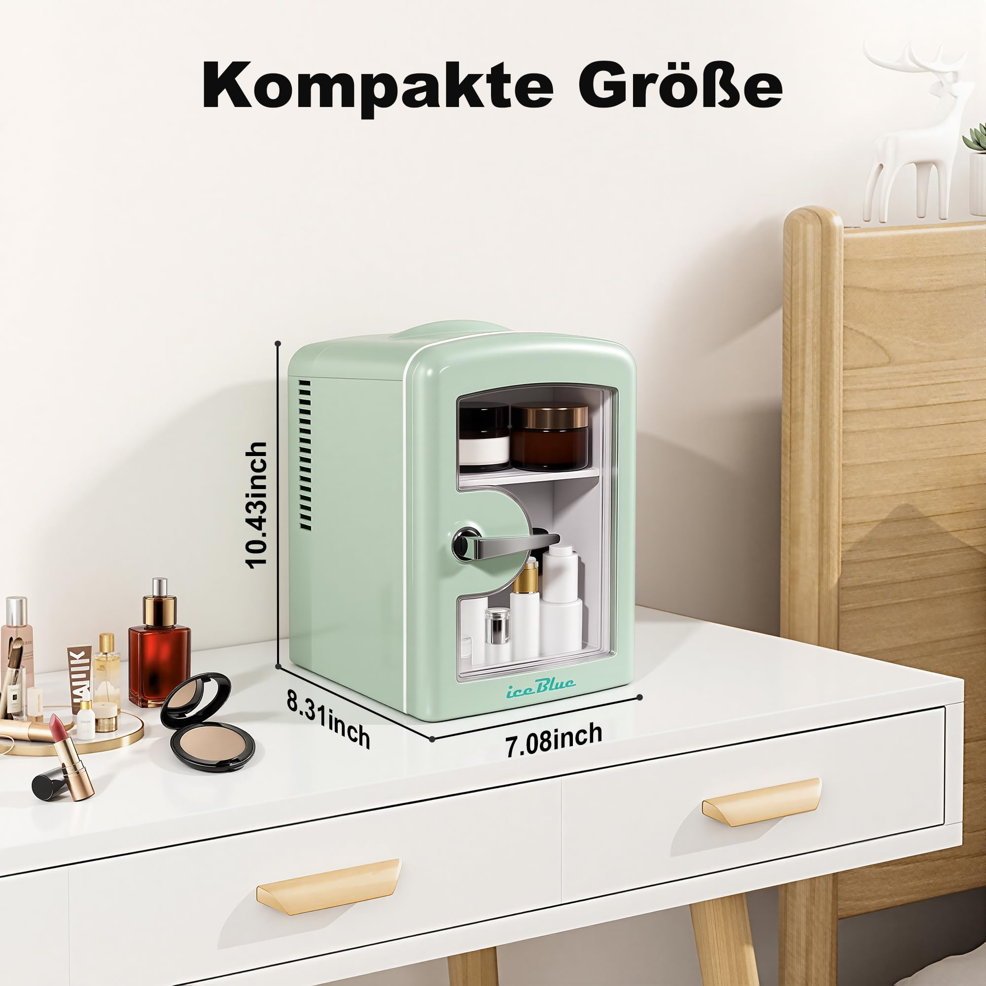 Iceblue Mini-Kühlschränke, winziger Kühlschränke mit Blickfenster, 4L / 6 Dosen Hautpflege Kühlschränke für Schönheit & Getränke, Kleiner Kühler für Zuhause, Auto, Geschenke - Grün