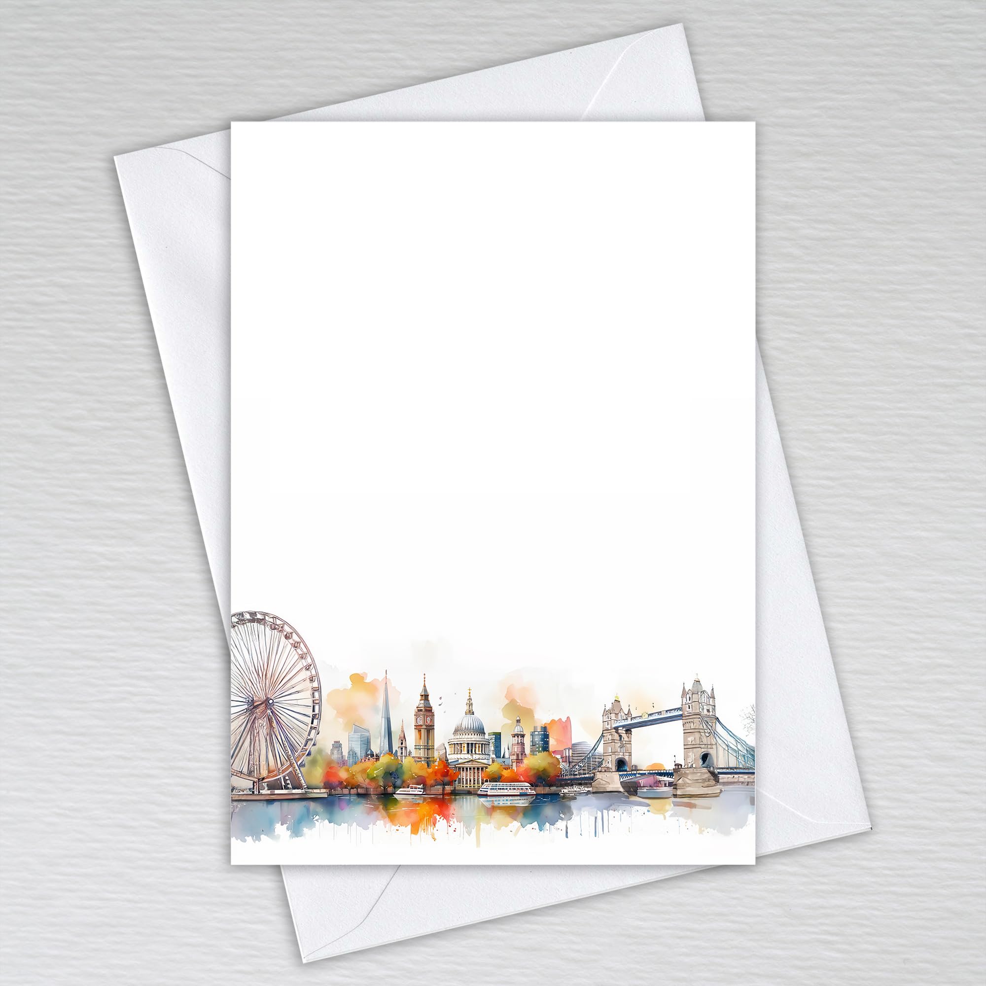 London Themed Blank Note Cards with Envelopes: Watercolour UK British English City of London Skyline Note Cards (Pack of 20 with Envelopes) โ image 1