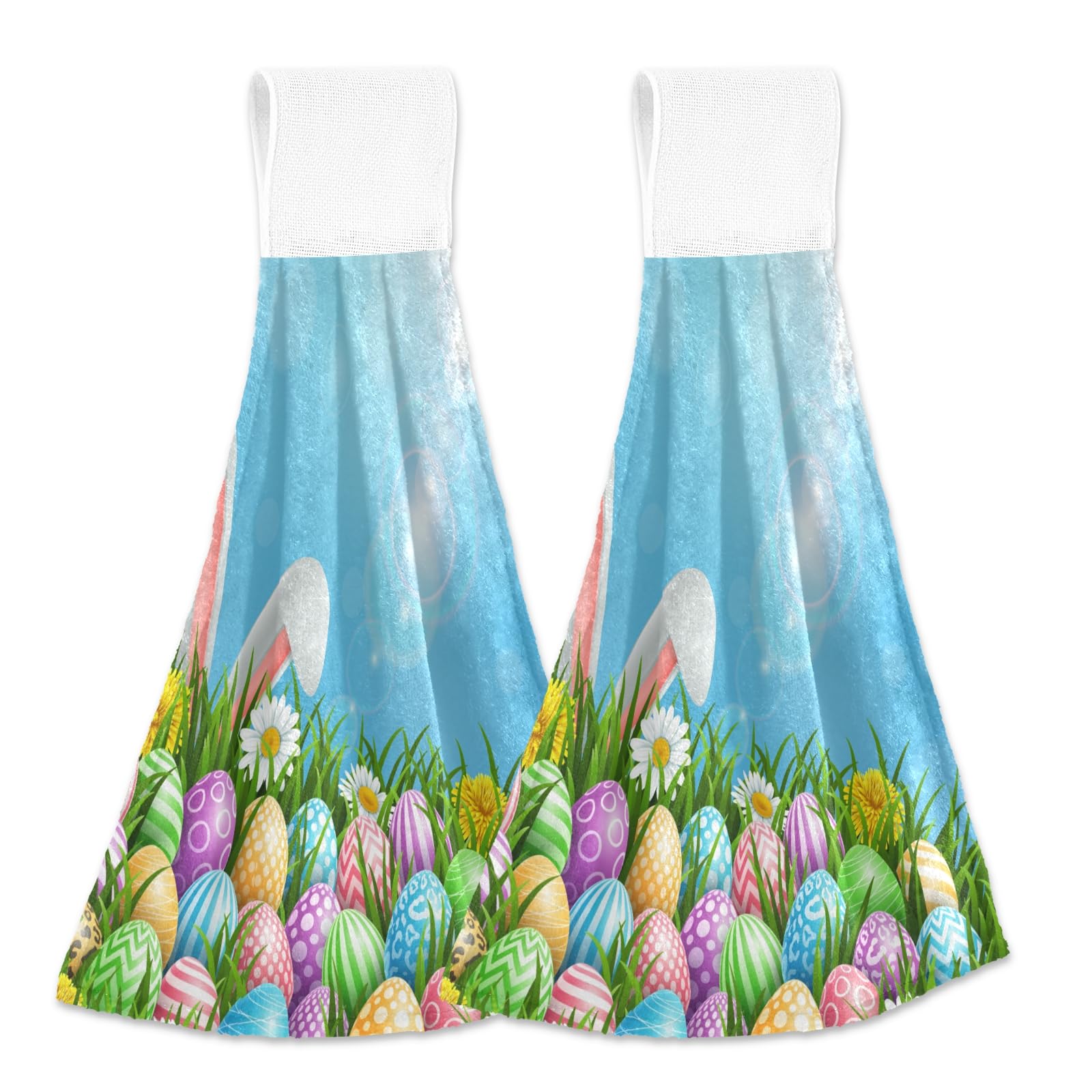 Easter Colorful Eggs Rabbit Kitchen Hanging Tie Towels Grass Hand Towel Home Decorative 2PCS Super Soft Absorbent WashCloth Tie Towels for Home Bathroom Farmhouse Housewarming Tabletop, 12x17Inches