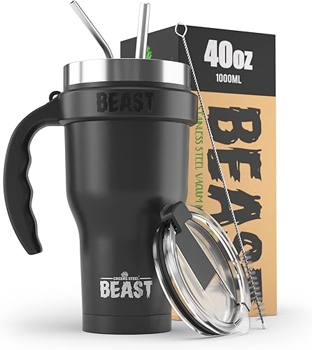 BEAST - Juego de vaso negro de 40 onzas con asa, taza de café de acero inoxidable + 2 cepillos para pajillas, caja de regalo y mango negro